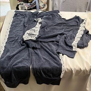 Brand Lace Trimmed Gray Pantsuit